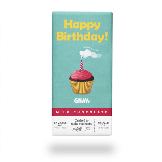 “Happy Birthday milk chocolate bar by GNAW with cupcake illustration and teal packaging”