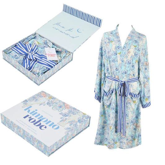 Light blue floral cotton kimono robe with striped belt and cuffs — elegant lightweight loungewear for women.