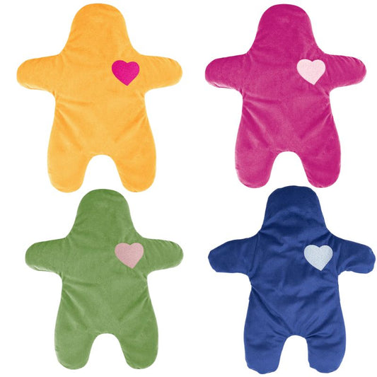 Colorful soft plush dolls with heart patches in Gold, pink, green, and blue, shaped like cuddly comfort buddies.