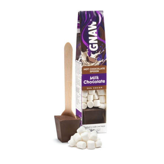 “Milk chocolate hot chocolate spoon by GNAW with mini marshmallows and gift packaging”