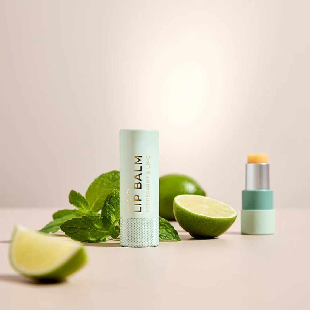 Huxter Peppermint & Lime Lip Balm in a wind-up tube — natural vegan lip care with peppermint, lime, Vitamin E, jojoba and avocado oil.
