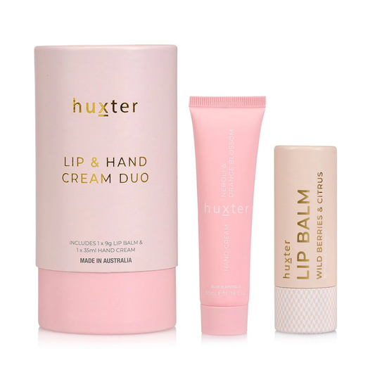 Huxter Natural Lip and Hand Care Duo — Wild Berries & Citrus lip balm and Neroli & Orange Blossom hand cream gift set.