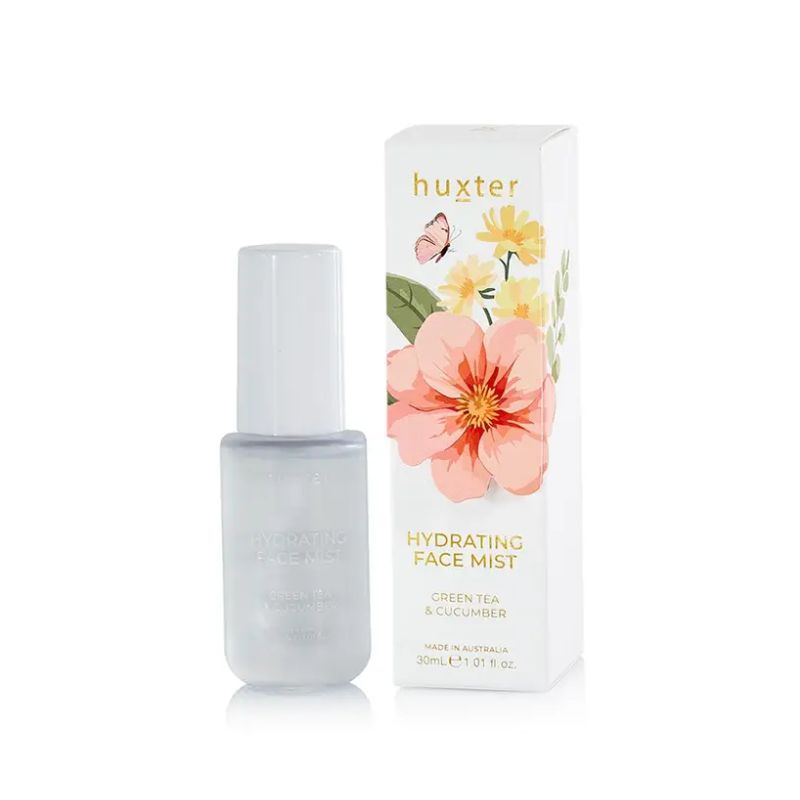 Huxt er Hydrating Face Mist Green Tea & Cucumber 30ml in frosted bottle with floral gift box packaging, Australian made skincare product.