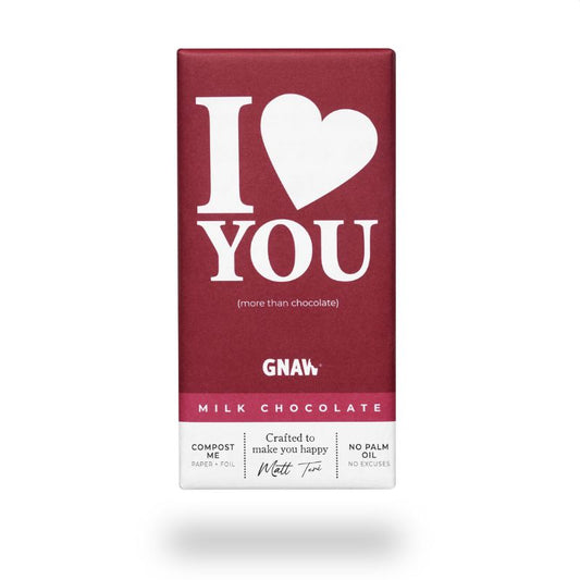 “I Love You milk chocolate bar by GNAW with red packaging and white heart text”