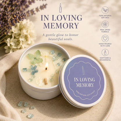Handcrafted In Loving Memory soy candle in white tin with dried flowers and crystal accents, memorial sympathy gift.