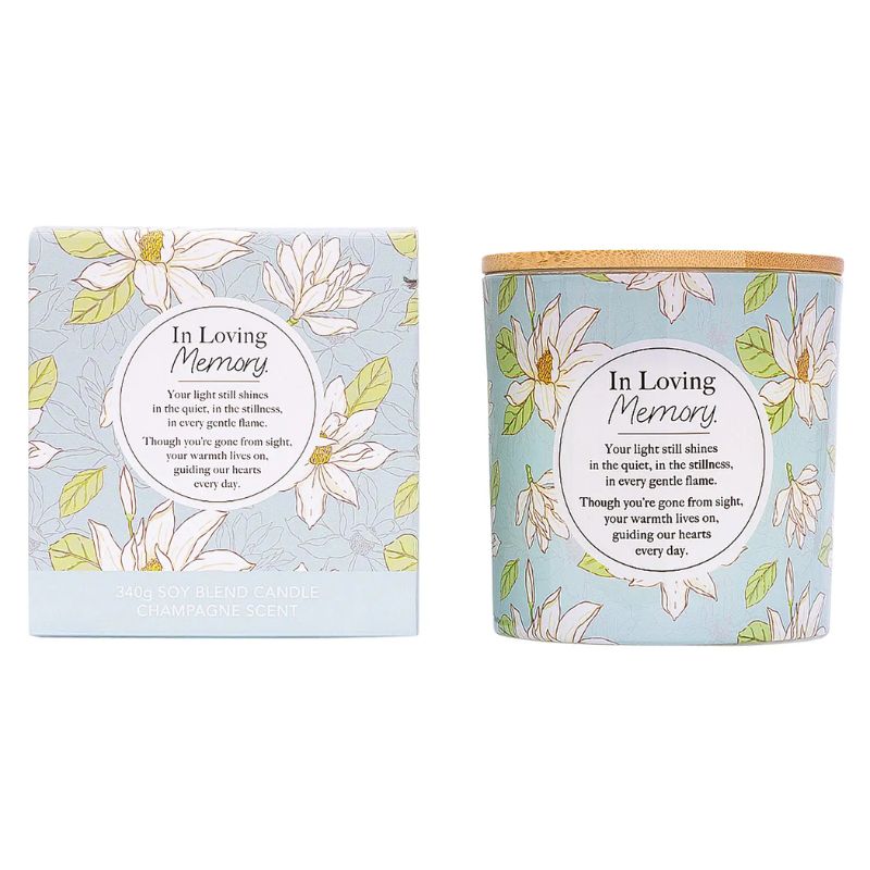 In Loving Memory floral soy candle with champagne scent in decorative tin and matching gift box