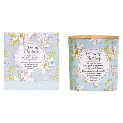 In Loving Memory floral soy candle with champagne scent in decorative tin and matching gift box