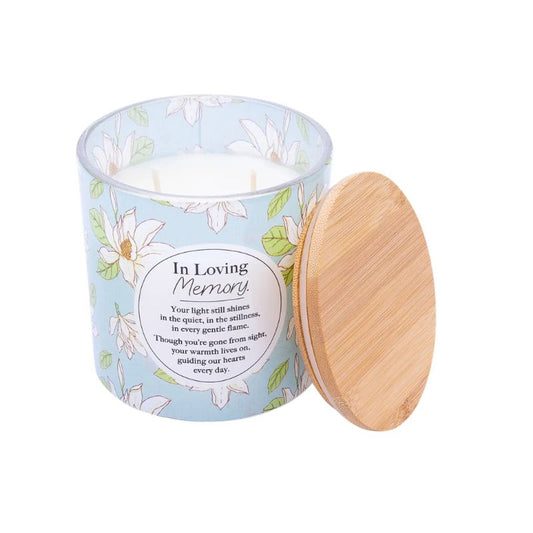 In Loving Memory floral soy candle with champagne scent in decorative tin and matching gift box