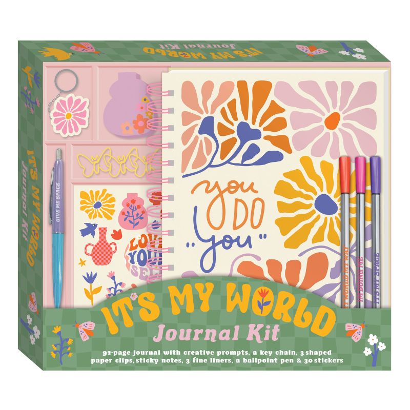 Journal kit with colorful design and text on a white background