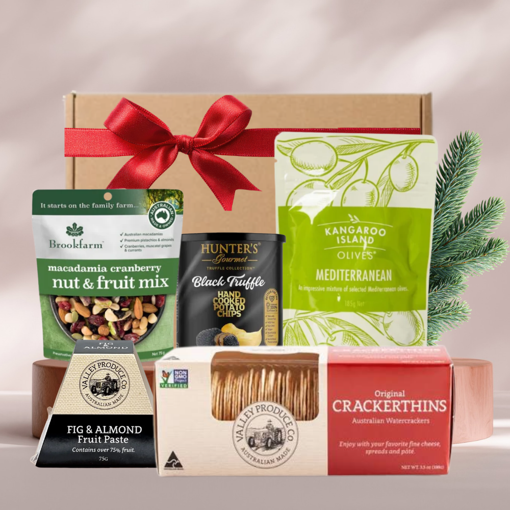 Just Add Cheese Christmas gift box with Crackerthins, fig and almond paste, Kangaroo Island olives, truffle crisps and fruit and nut mix