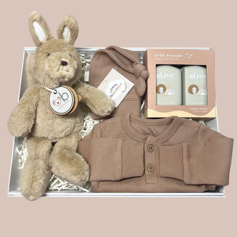Kangaroo Cuddles Baby Gift Hamper | Organic cotton bodysuit & beanie