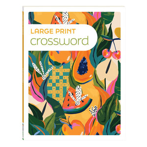 Large print crossword puzzle book with bright colourful fruit-inspired cover design