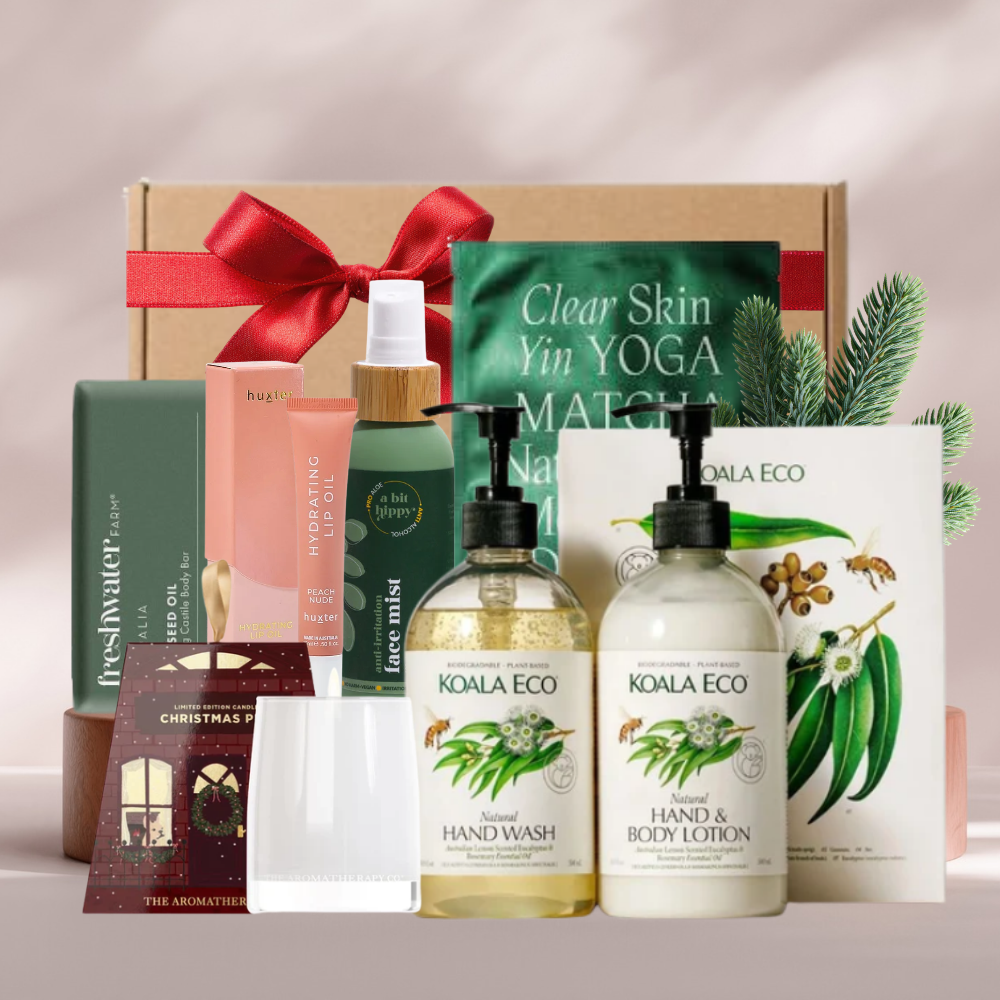 Let It Glow Christmas gift box with Koala Eco hand wash and lotion, Huxter lip oil, face mist, face mask, hemp soap and candle
