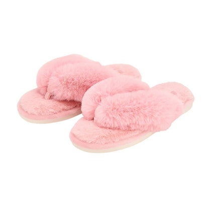 Pink fluffy faux fur thong slippers for women on white background