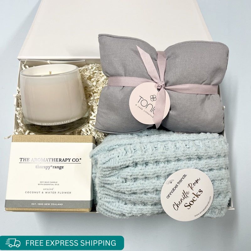 Luxe Pamper, includes Beautiful socks, Heat Pillow and lovely scented Aromatherapy candle.