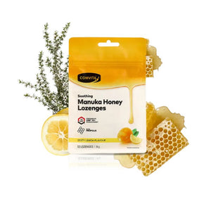 Comvita Soothing Manuka Honey Lozenges Zesty Lemon flavour with UMF Manuka honey, lemon slices and honeycomb background