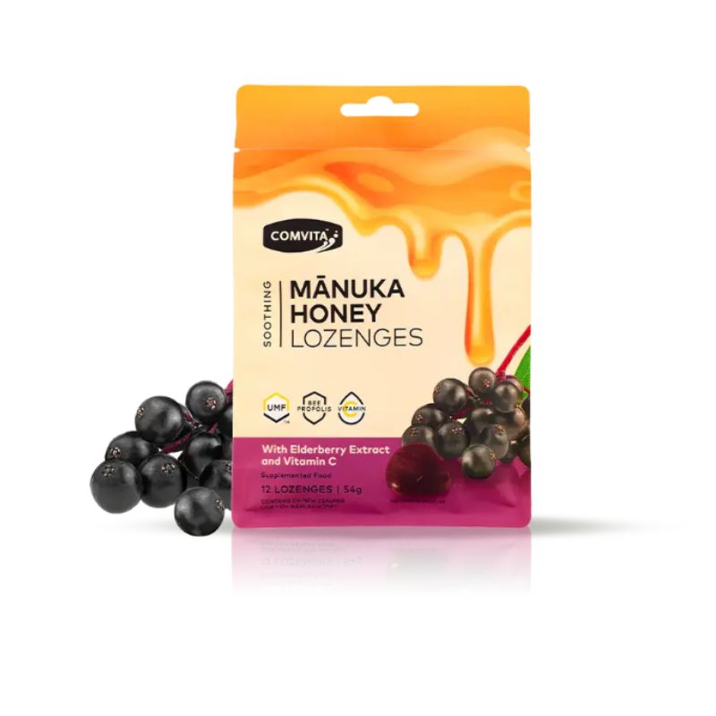 Comvita Manuka Honey Lozenges with Elderberry Extract and Vitamin C, berry flavour with honey drip packaging