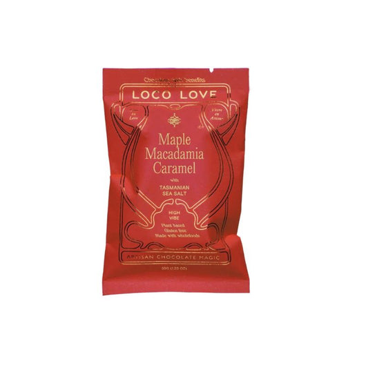 Loco Love Maple Macadamia Caramel chocolate bar in red packaging with gold detailing