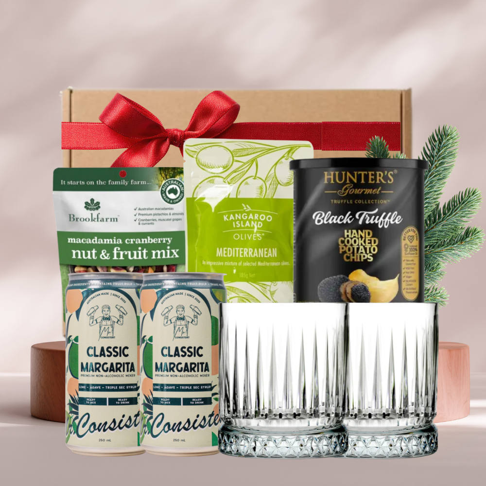 Margaritas For Two gift box with two Mr Consistent margarita mixers, two Elysia glass tumblers, olives, truffle crisps and nuts
