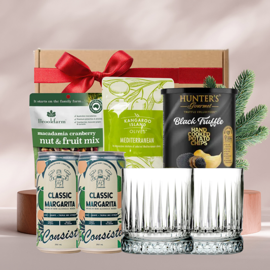 Margaritas For Two gift box with two Mr Consistent margarita mixers, two Elysia glass tumblers, olives, truffle crisps and nuts
