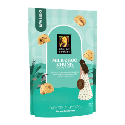 Byron Bay Cookies Milk Choc Chunk 100g pouch – golden cookies with milk chocolate chunks.