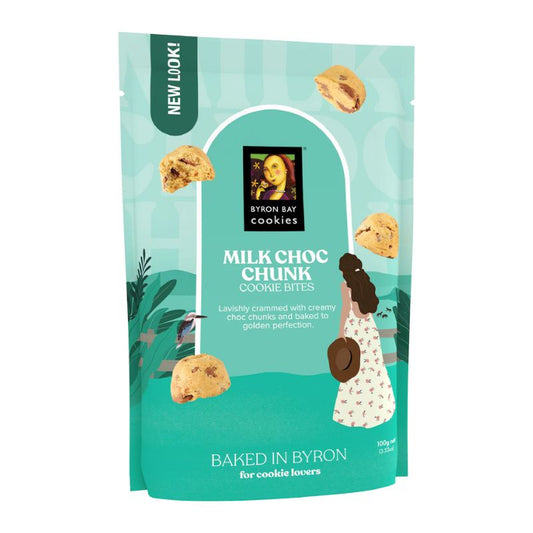 Byron Bay Cookies Milk Choc Chunk 100g pouch – golden cookies with milk chocolate chunks.