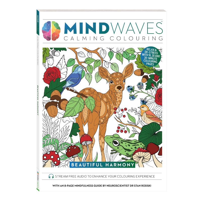 Mind Waves Calming Colouring Book – Beautiful Harmony edition featuring a woodland fawn, birds, frog, mushrooms and floral nature designs for mindful colouring and relaxation.