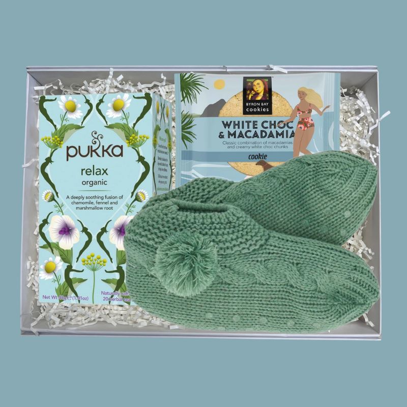 Mini Comforts Care Pack | Sage Slouchy Slippers with Grips