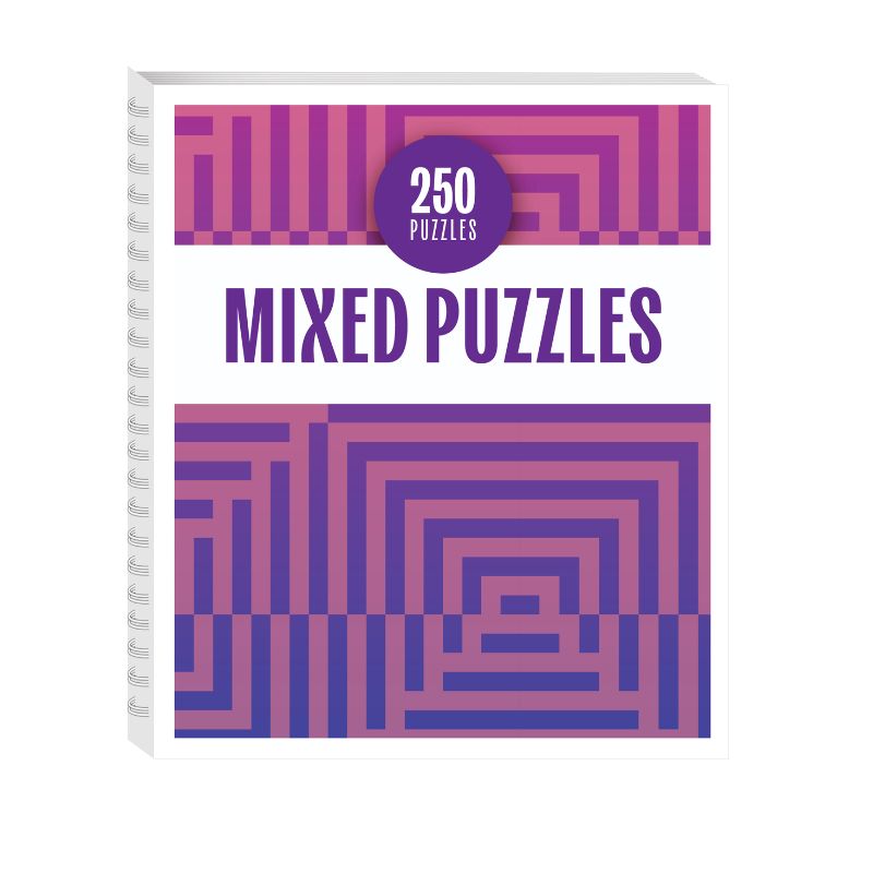 Mixed Puzzles puzzle book with purple geometric cover featuring 250 brain-teasing puzzles