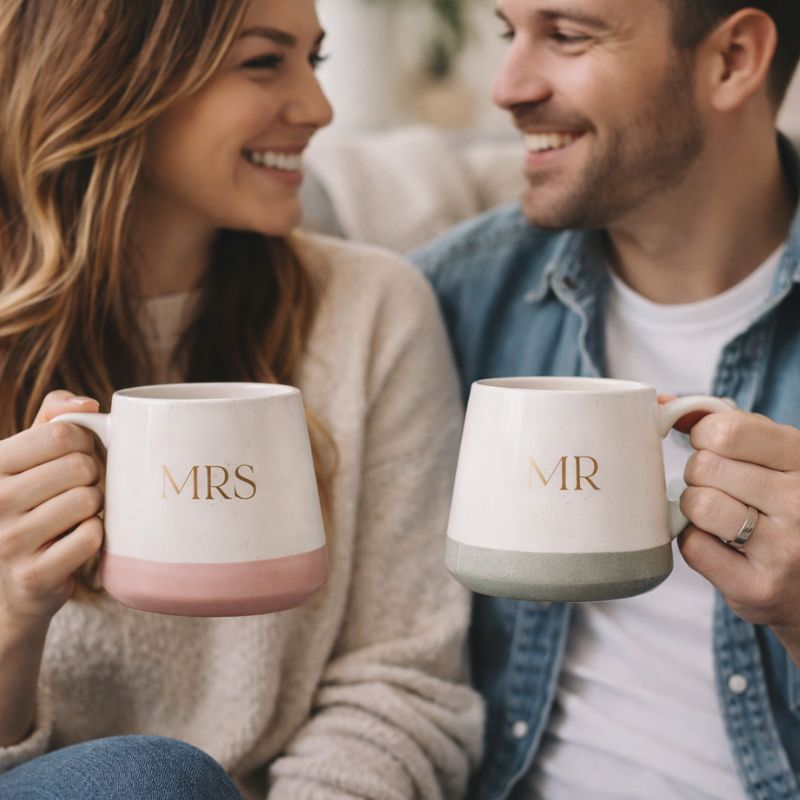 Couple sitting on a sofa enjoying coffee using matching Mr and Mrs ceramic mugs with gold lettering and soft pink and green bases.
