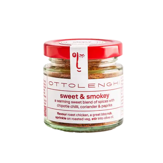 Ottolenghi Sweet & Smokey spice blend 50g in a small glass jar with a red lid and white label, filled with a red-brown chipotle and paprika spice mix