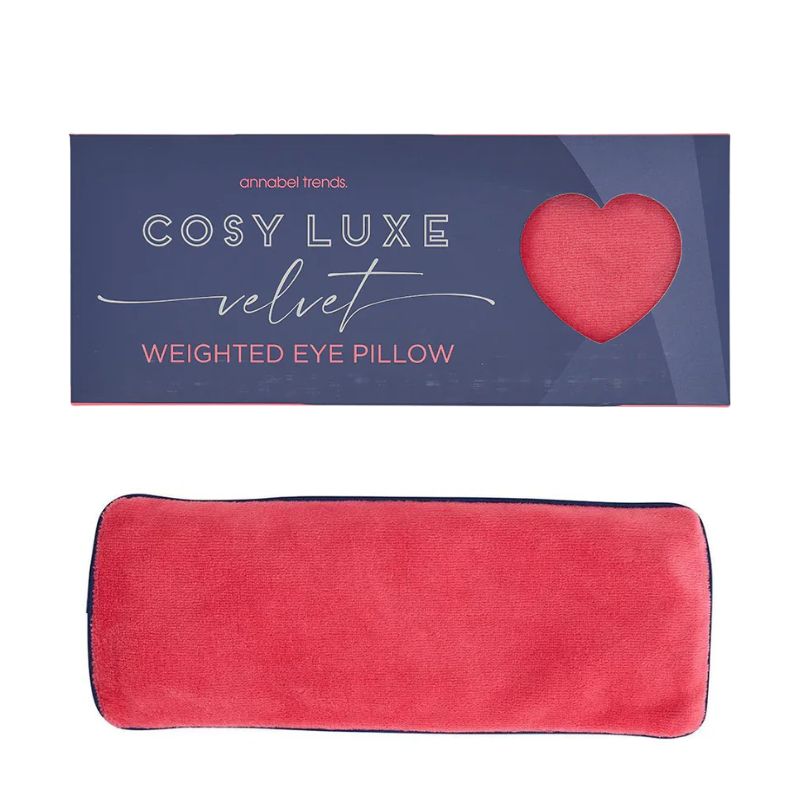 Pink Crush Cosy Luxe Velvet Weighted Eye Pillow by Annabel Trends with navy packaging displayed above the soft rectangular velvet eye pillow.