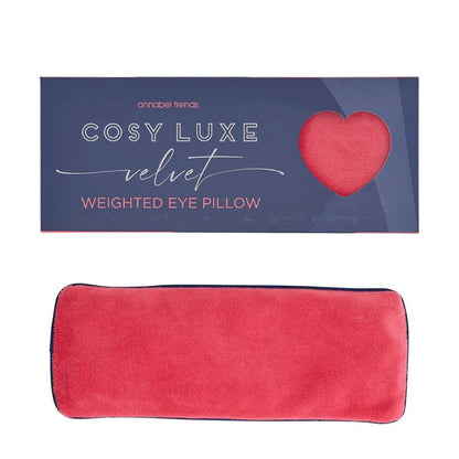 Pink Crush Cosy Luxe Velvet Weighted Eye Pillow by Annabel Trends with navy packaging displayed above the soft rectangular velvet eye pillow.
