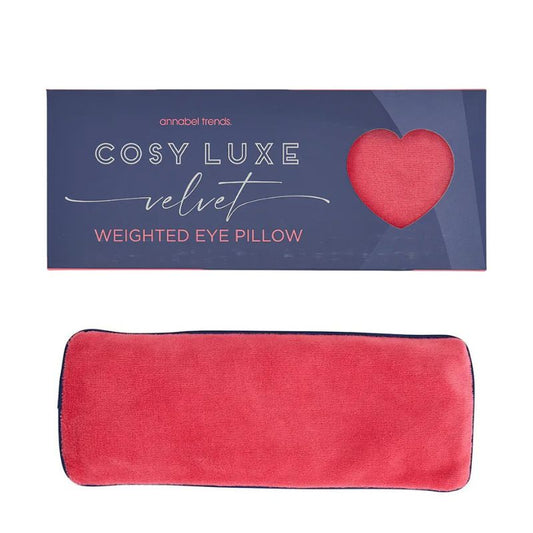 Pink Crush Cosy Luxe Velvet Weighted Eye Pillow by Annabel Trends with navy packaging displayed above the soft rectangular velvet eye pillow.