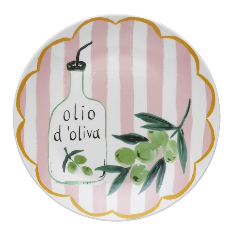 Porto Olio d’Oliva porcelain side plate with olive oil bottle and green olive design on pink striped background, 20cm