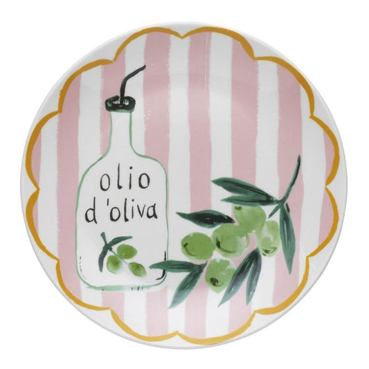 Porto Olio d’Oliva porcelain side plate with olive oil bottle and green olive design on pink striped background, 20cm