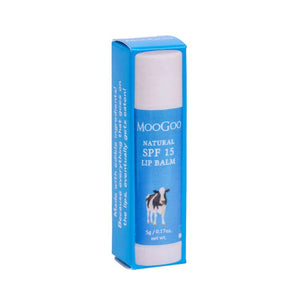 MooGoo Natural SPF 15 Lip Balm 5g tube with blue packaging providing natural sun protection for lips