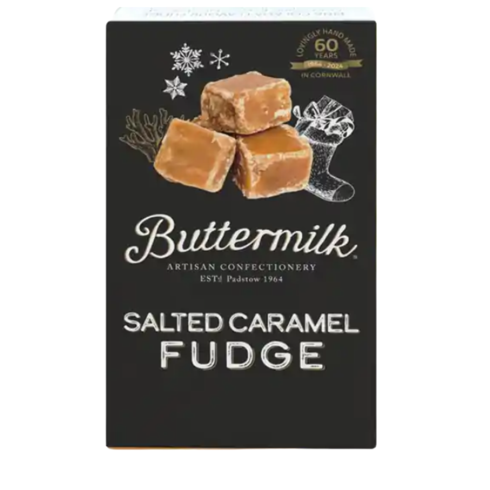 Buttermilk salted caramel fudge 100g in a black Christmas gift box with white festive sketches of snowflakes and a stocking, and a photo of three fudge pieces