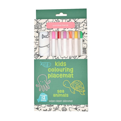Sea Animals Kids Colouring Placemat by Annabel Trends with 12 pens – reusable silicone mat.