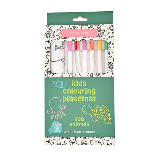 Sea Animals Kids Colouring Placemat by Annabel Trends with 12 pens – reusable silicone mat.