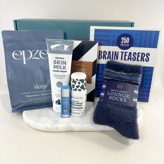 Get well gift box for men with Epzen bath salts, MooGoo skincare, Koko Black chocolate, brain teaser book and navy grippy socks