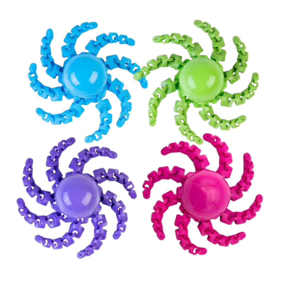 Four colorful octopus-shaped toys in blue, green, purple, and pink on a white background.