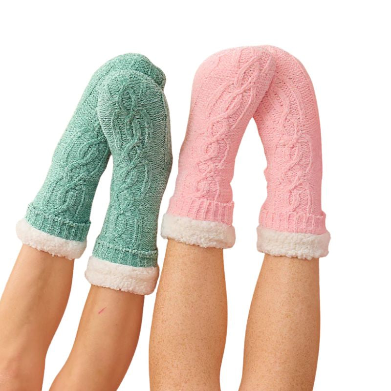 Sherpa Socks Women. Green and Pink. Grips