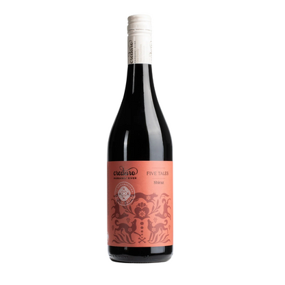Bottle of Credaro Five Tales Shiraz 2025 from Margaret River with a coral label featuring folk-art animal illustrations