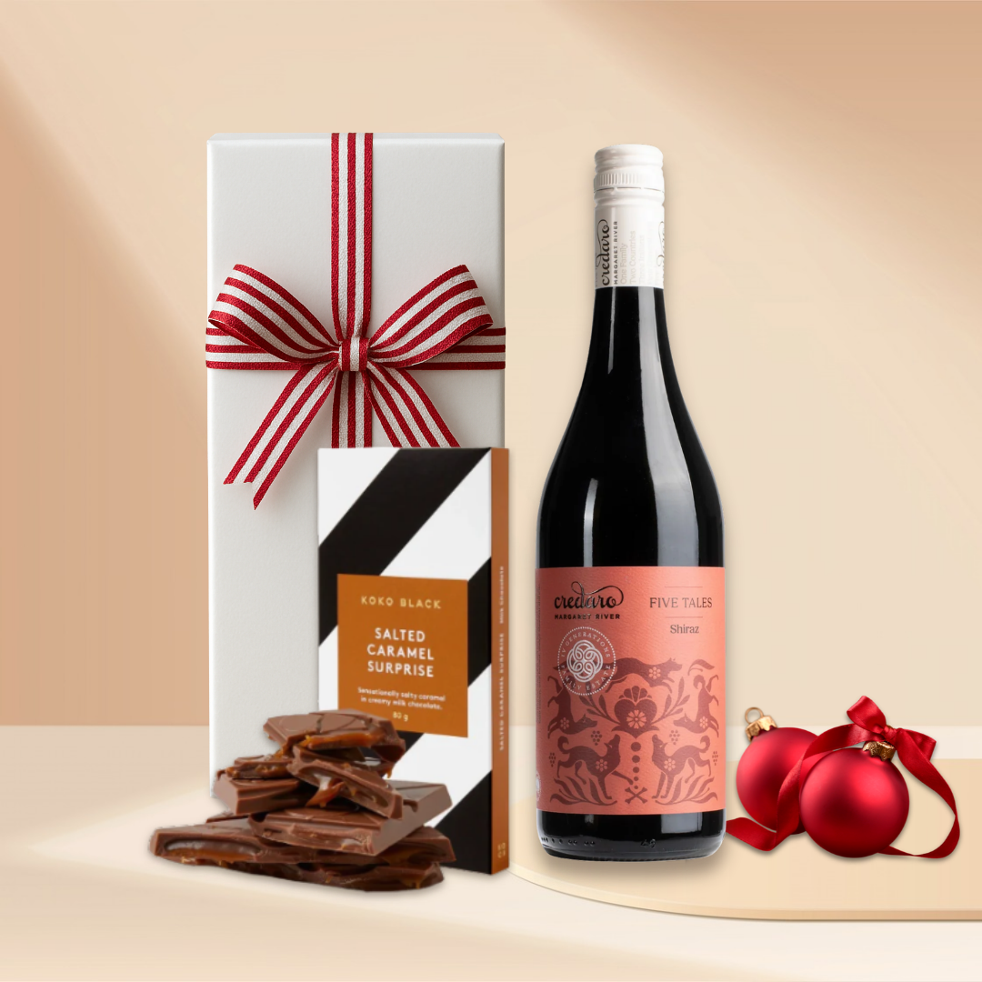 Christmas gift box with Credaro Shiraz, Koko Black salted caramel chocolate and red baubles