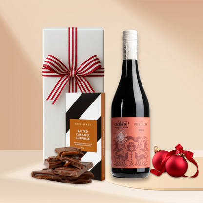 Christmas gift box with Credaro Shiraz, Koko Black salted caramel chocolate and red baubles