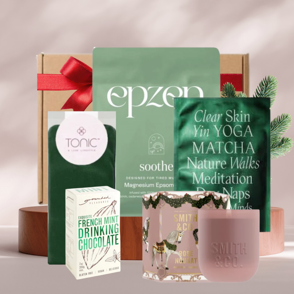 Silent Night Christmas pamper gift box with Epzen bath salts, Tonic eye pillow, face mask, drinking chocolate and Smith and Co candle
