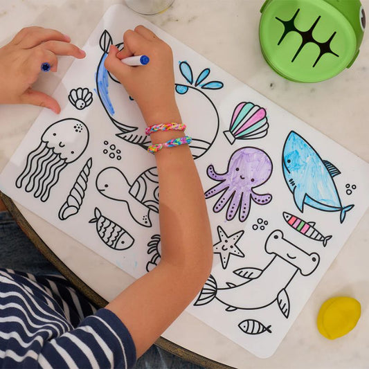Annabel Trends Sea Animals Kids Colouring Placemat with 12 coloured pens – reusable wipe-clean silicone placemat for children featuring fun ocean animal designs.