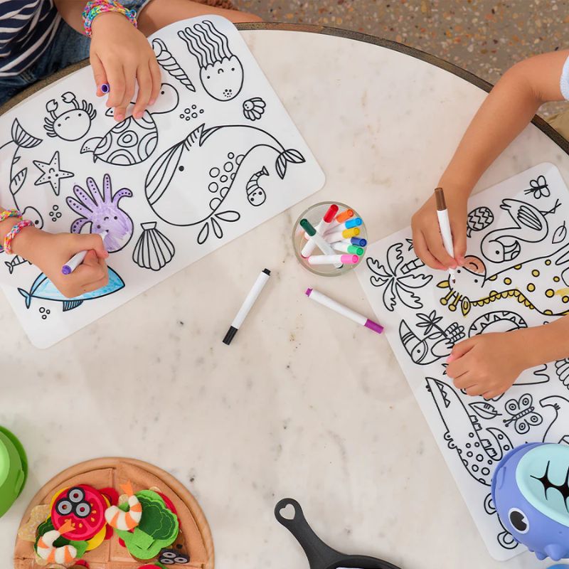 Sea Animals Kids Colouring Placemat by Annabel Trends with 12 pens – reusable silicone mat.
