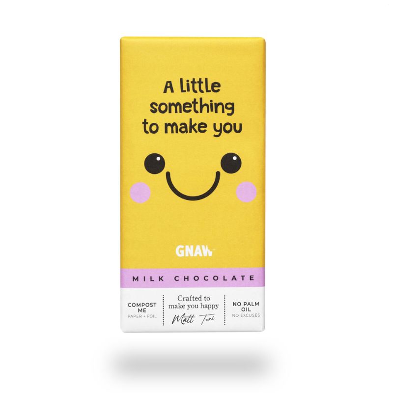 A Little Something to Make You Smile milk chocolate bar by GNAW with yellow smiley face packaging”